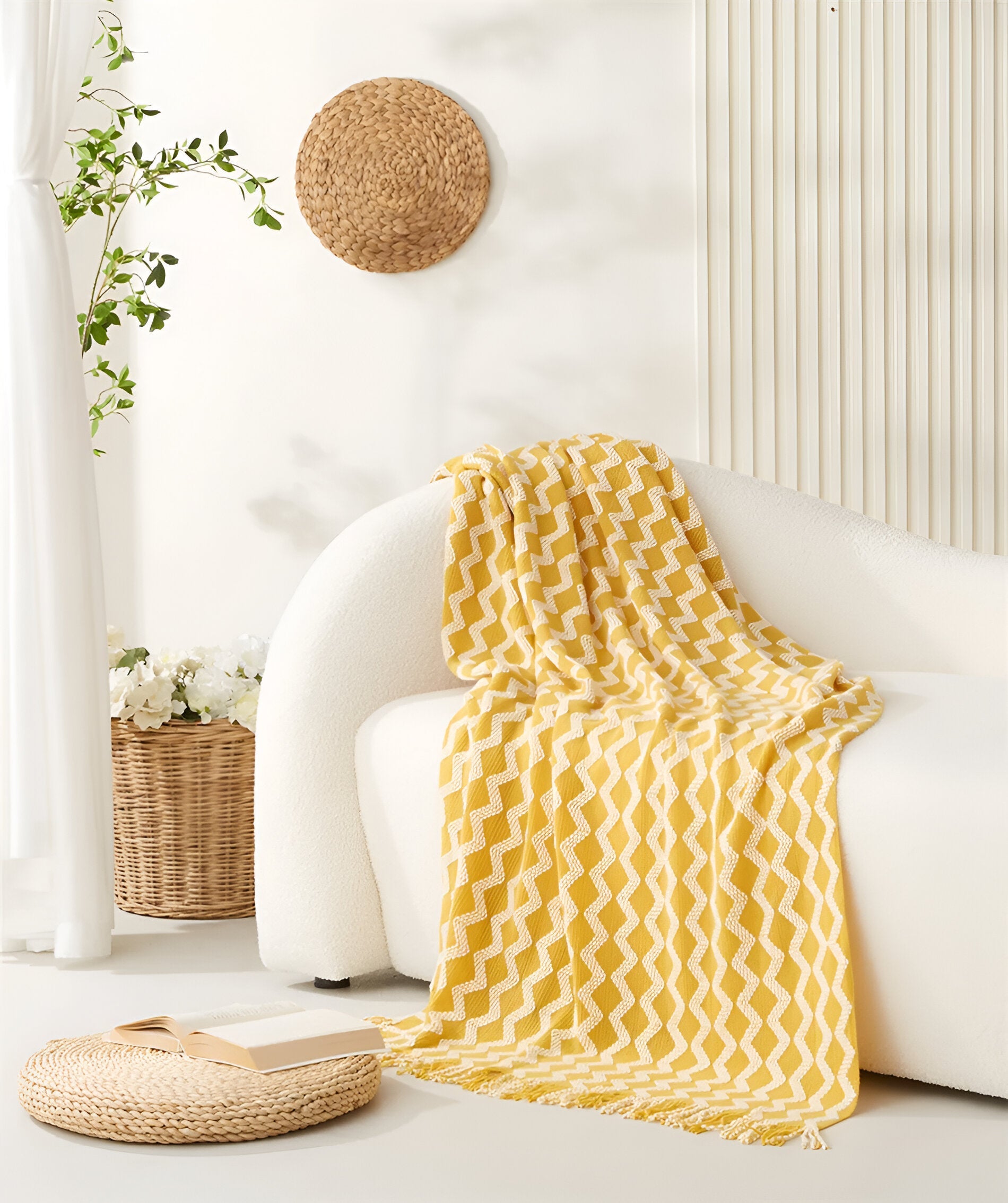 Stylowy Kocyk Fleece z Frędzlami, Geometriczny Wzór Boho, Komfort przez Cały Rok, 130x220 cm, Żółty, Niebieski, Zielony, Bordowy 1