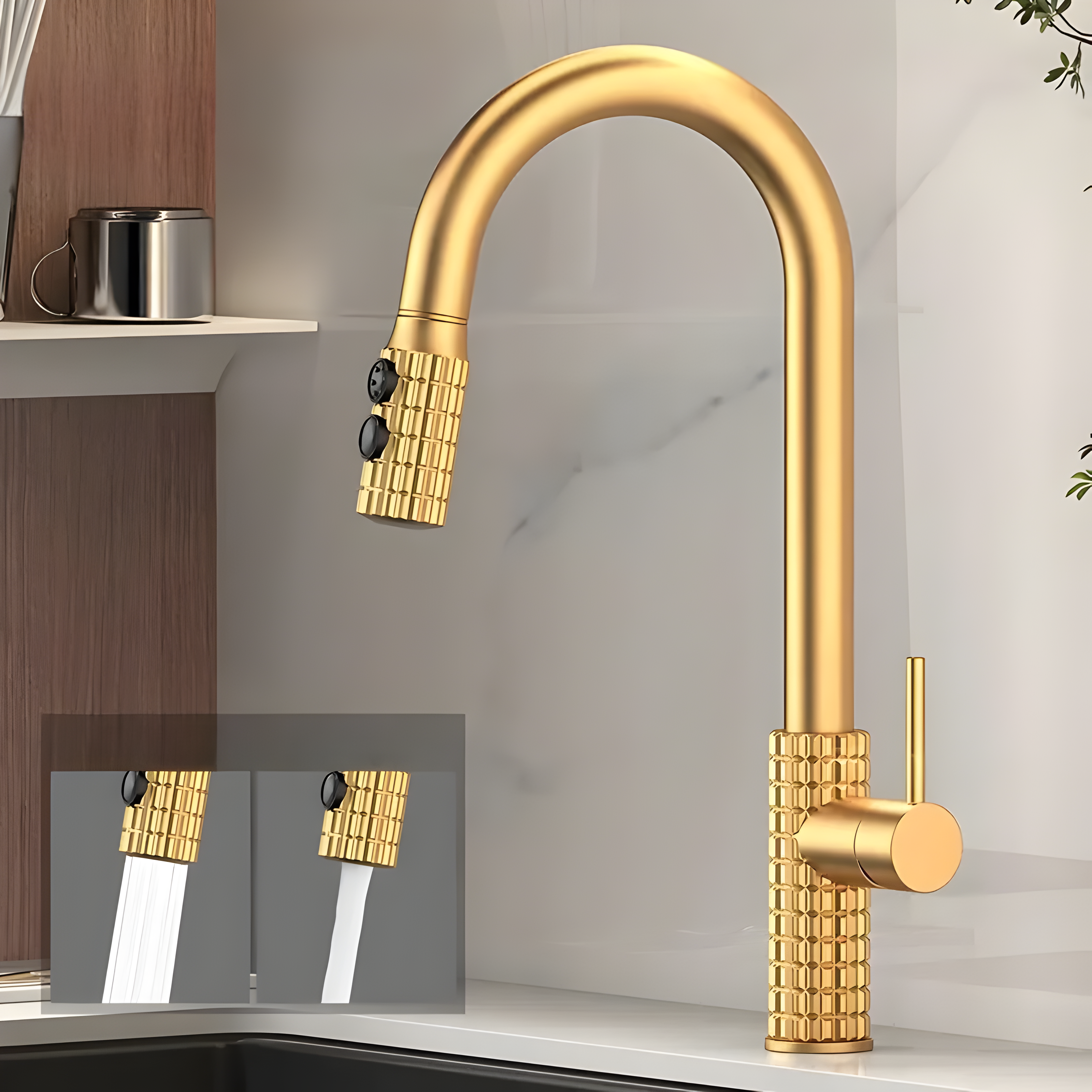 Wysoko wygięta metalowa bateria kuchenna – elegancki antyczny mosiądz z wyciąganą głowicą natryskową, łatwa w czyszczeniu i obsłudze 0