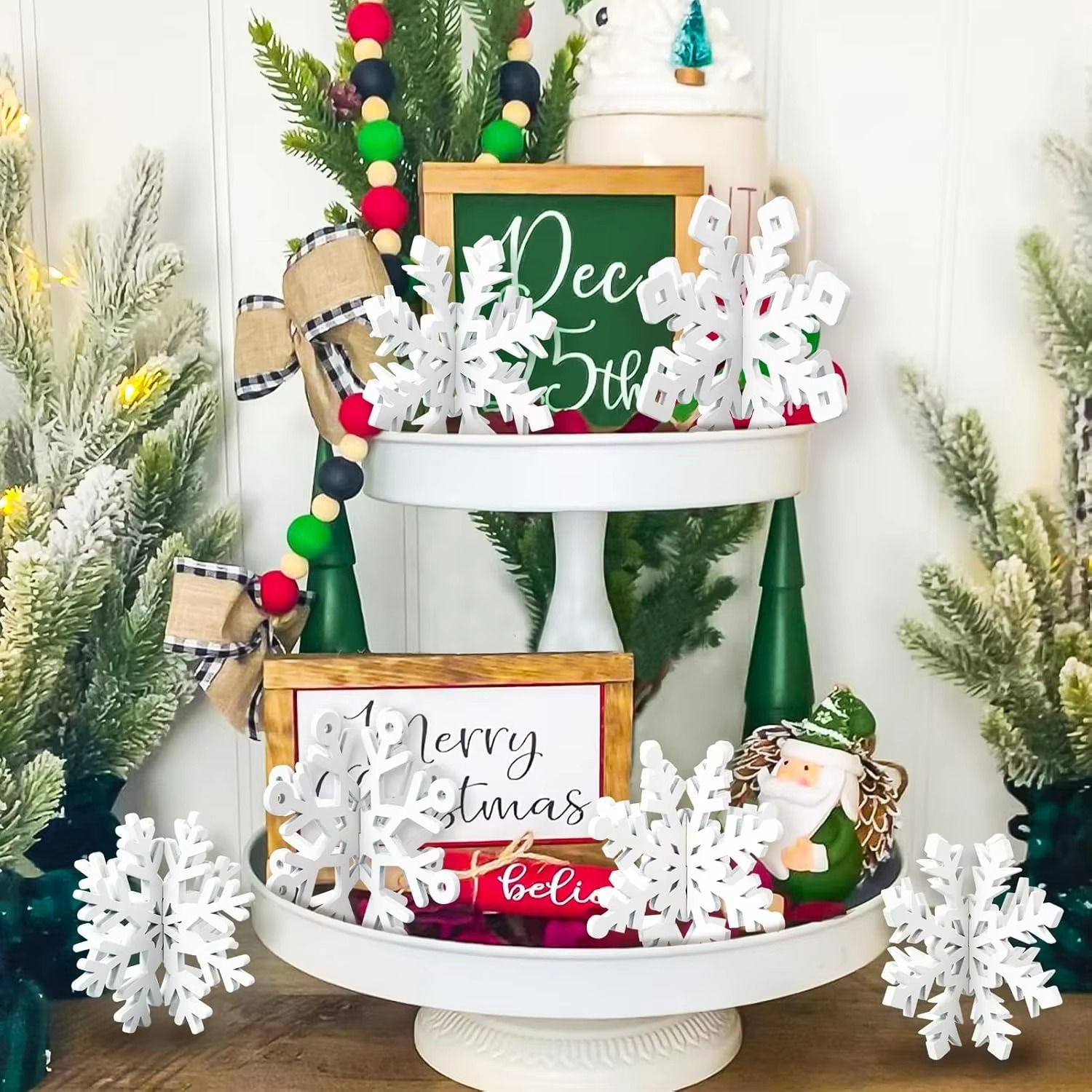 Zestaw 6 Białych Drewnianych Płatków Śniegu – Elegancka Ozdoba na Stół do Dekoracji Świątecznej 1