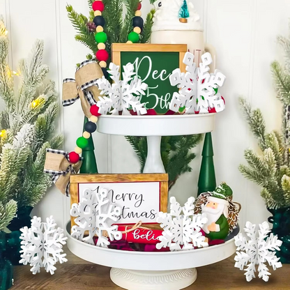 Zestaw 6 Białych Drewnianych Płatków Śniegu – Elegancka Ozdoba na Stół do Dekoracji Świątecznej 1