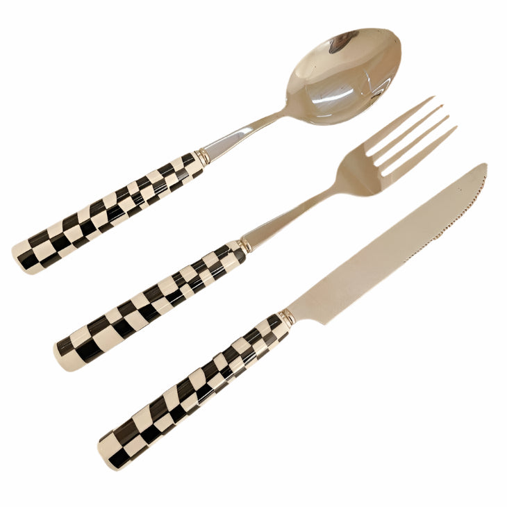 Zestaw Sztućców ze Stali Nierdzewnej w Kratkę – Nóż, Widelec i Łyżka w Kolorach Czarnym, Czerwonym, Żółtym i Zielonym 0