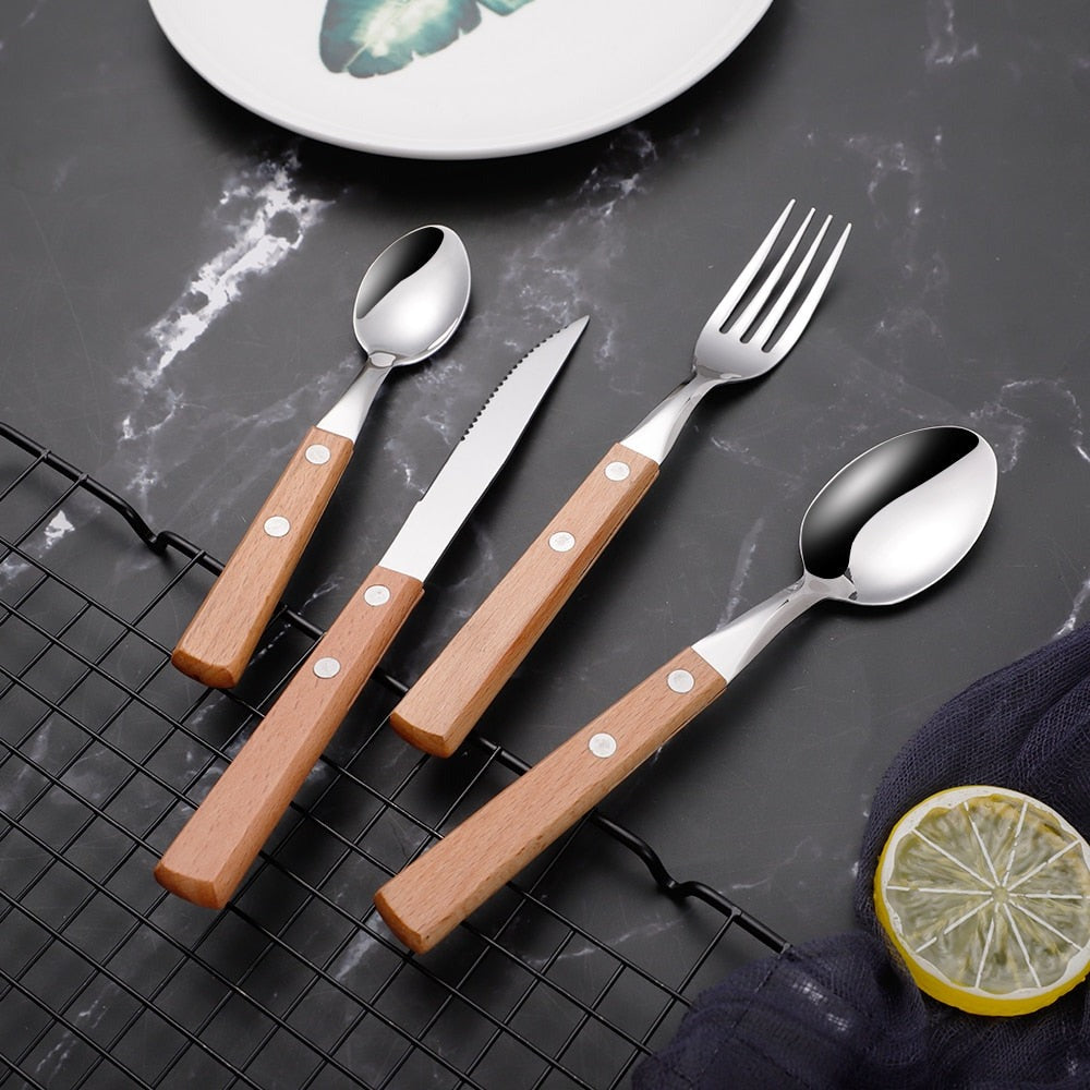 Zestaw Sztućców ze Stali Nierdzewnej z Drewnianymi Rękojeściami – Elegancki Komplet do Codziennego Użytku 1