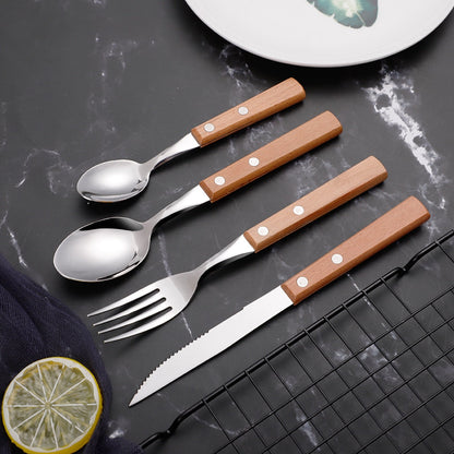 Zestaw Sztućców ze Stali Nierdzewnej z Drewnianymi Rękojeściami – Elegancki Komplet do Codziennego Użytku 2