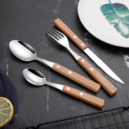 Zestaw Sztućców ze Stali Nierdzewnej z Drewnianymi Rękojeściami – Elegancki Komplet do Codziennego Użytku 5