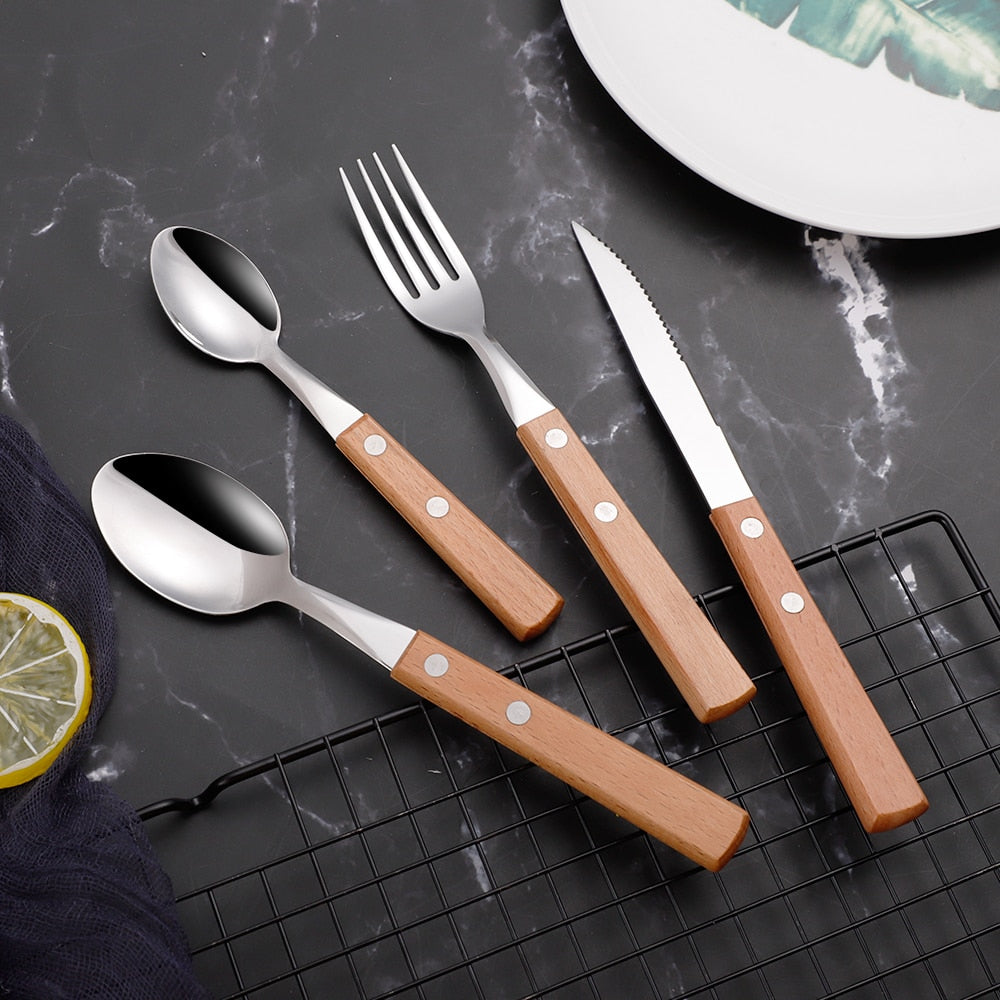 Zestaw Sztućców ze Stali Nierdzewnej z Drewnianymi Rękojeściami – Elegancki Komplet do Codziennego Użytku 7