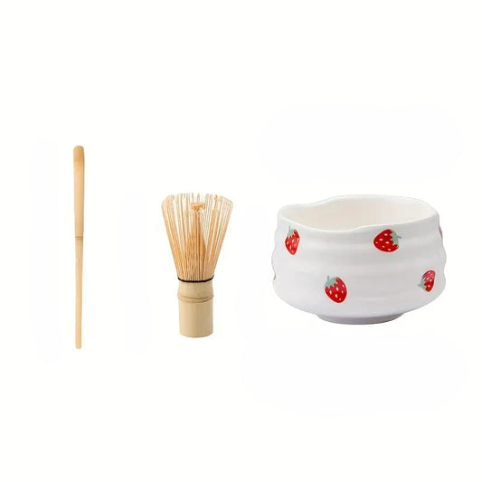 Zestaw do Matcha z Ceramiczną Czarką w Kształcie Truskawki – Akcesoria do Robienia Matchy i Matcha Latte 0