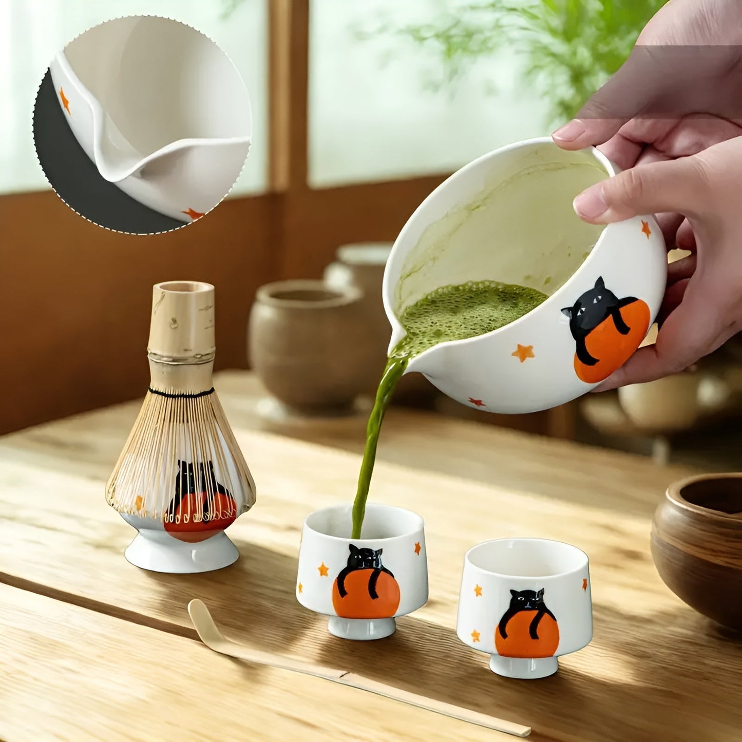 Zestaw do Matcha z Czarką i Bambusową Trzepaczką – Urokliwy Wzór Kota do Przygotowania Matchy 7
