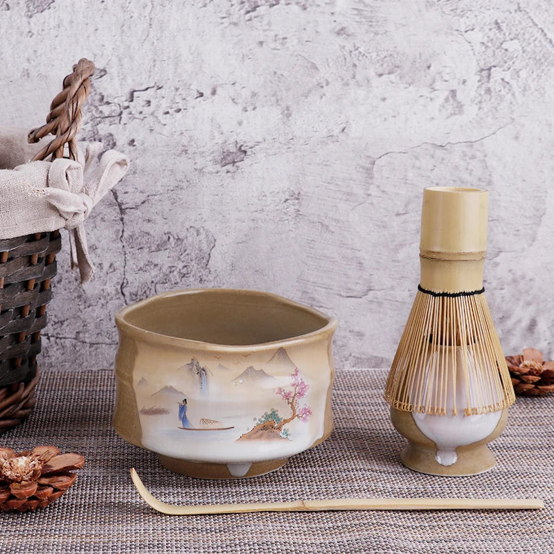 Zestaw do herbaty Matcha 4-częściowy z bambusowym trzepaczem i ceramiczną miseczką – idealny zestaw herbat na prezent 1