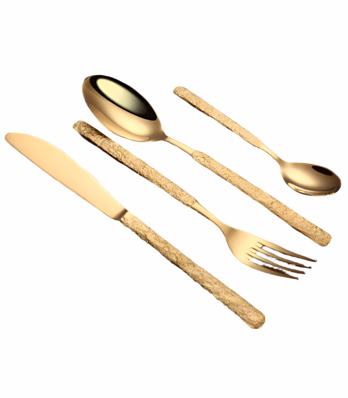 Złoty Zestaw Sztućców 24-elementowy ze Stali Nierdzewnej z Młotkowanym Uchwytem - Elegancki Komplet Sztućców do Codziennego Użytku 3
