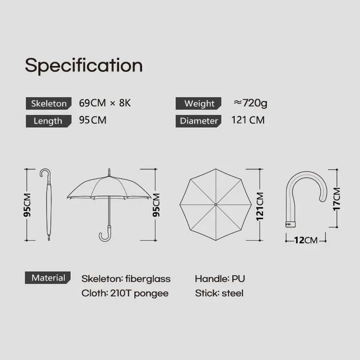 Długi parasol z szeroką czaszą 121 cm chroniący przed deszczem