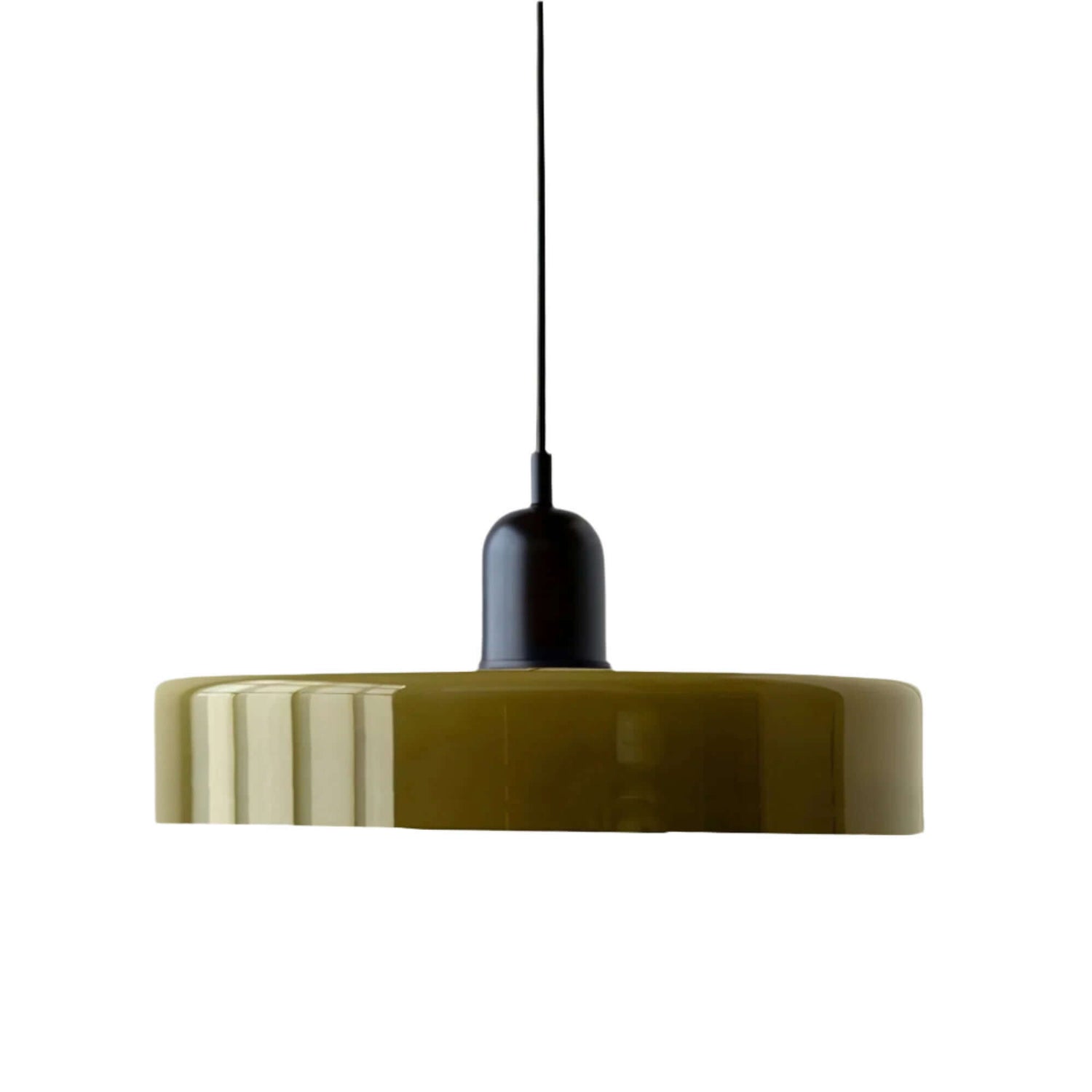 Szklana lampa wisząca Bauhaus w minimalistycznym stylu, oliwkowa z czarnym zawieszeniem.