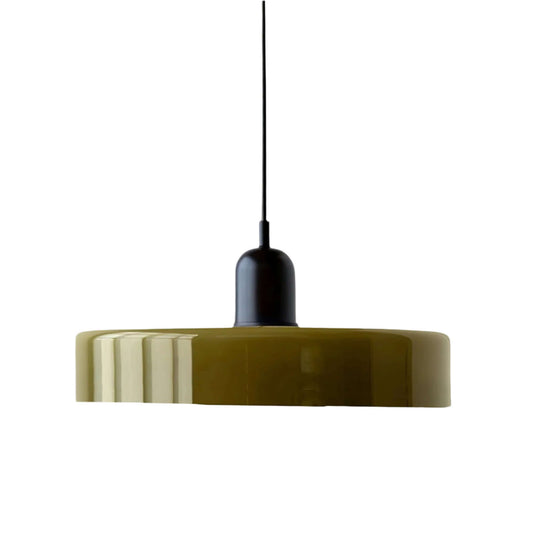 Szklana lampa wisząca Bauhaus w minimalistycznym stylu, oliwkowa z czarnym zawieszeniem.
