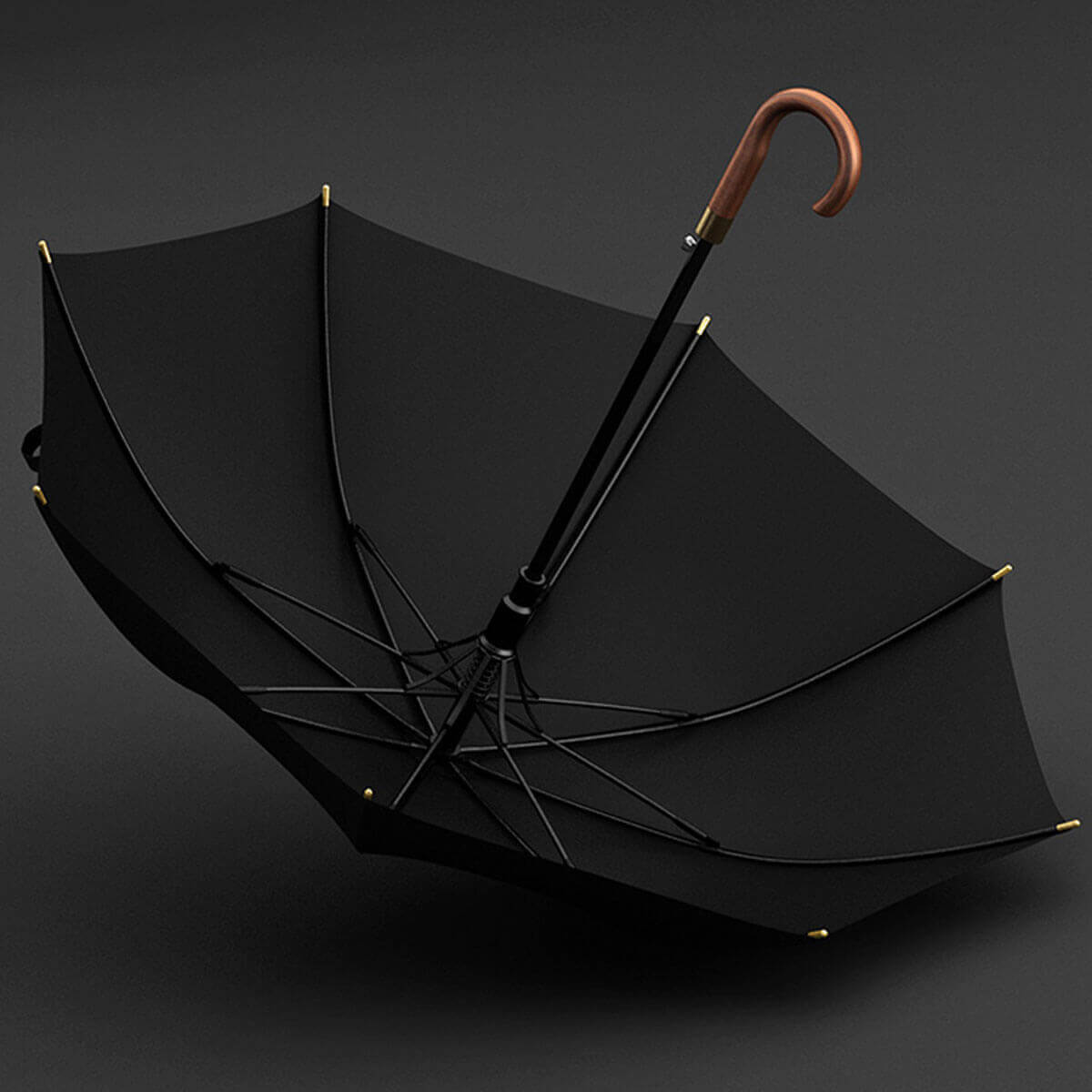 Elegancki parasol długi z drewnianą rączką hakową w kolorze czarnym